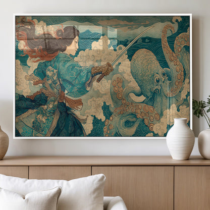 Tsukioka Yoshitoshi Samurai Wall Art Print, Japanese Katana Warrior Canvas Wall Art, Octopus Sea Monster Canvas Print,