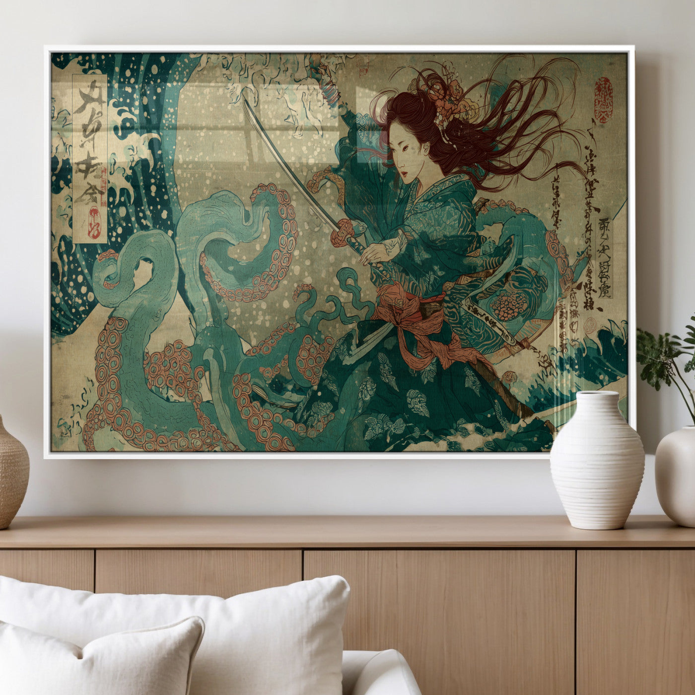 Tsukioka Yoshitoshi Samurai Wall Art Print, Japanese Katana Warrior Canvas Wall Art, Octopus Sea Monster Canvas Print,