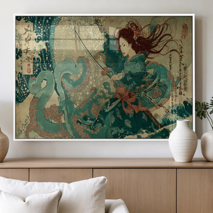 Tsukioka Yoshitoshi Samurai Wall Art Print, Japanese Katana Warrior Canvas Wall Art, Octopus Sea Monster Canvas Print,