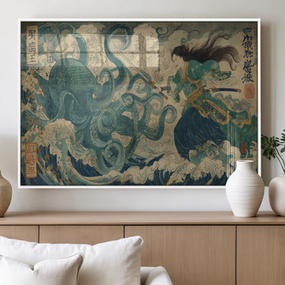 Tsukioka Yoshitoshi Samurai Wall Art Print, Japanese Katana Warrior Canvas Wall Art, Octopus Sea Monster Canvas Print,