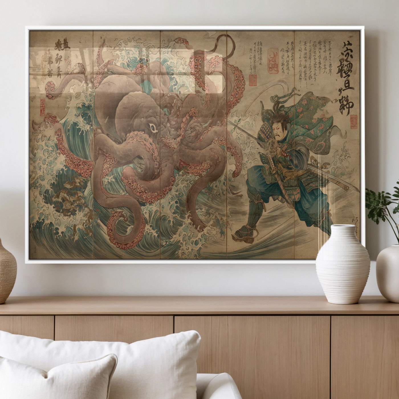 Tsukioka Yoshitoshi Samurai Wall Art Print, Japanese Katana Warrior Canvas Wall Art, Octopus Sea Monster Canvas Print,