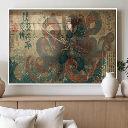 Tsukioka Yoshitoshi Samurai Wall Art Print, Japanese Katana Warrior Canvas Wall Art, Octopus Sea Monster Canvas Print,