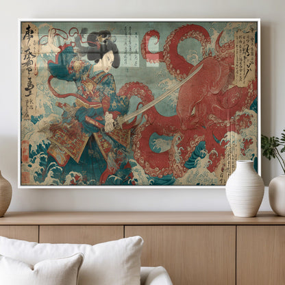 Tsukioka Yoshitoshi Samurai Wall Art Print, Japanese Katana Warrior Canvas Wall Art, Octopus Sea Monster Canvas Print,