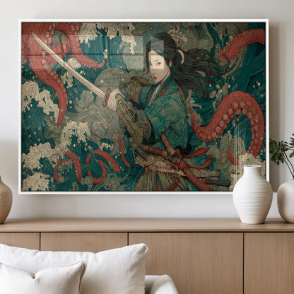 Tsukioka Yoshitoshi Samurai Wall Art Print, Japanese Katana Warrior Canvas Wall Art, Octopus Sea Monster Canvas Print,