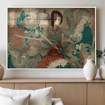Tsukioka Yoshitoshi Samurai Wall Art Print, Japanese Katana Warrior Canvas Wall Art, Octopus Sea Monster Canvas Print,