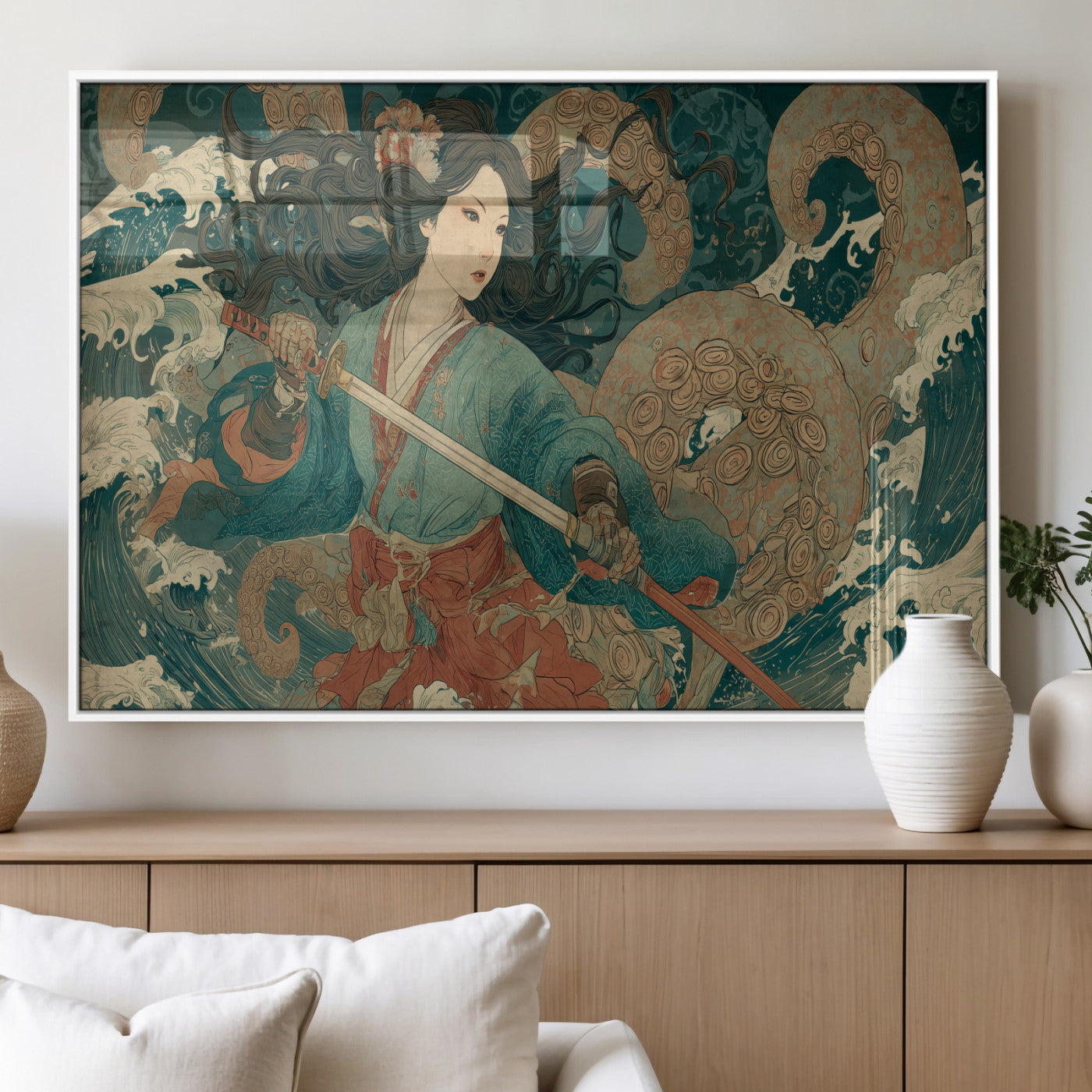 Tsukioka Yoshitoshi Samurai Wall Art Print, Japanese Katana Warrior Canvas Wall Art, Octopus Sea Monster Canvas Print,
