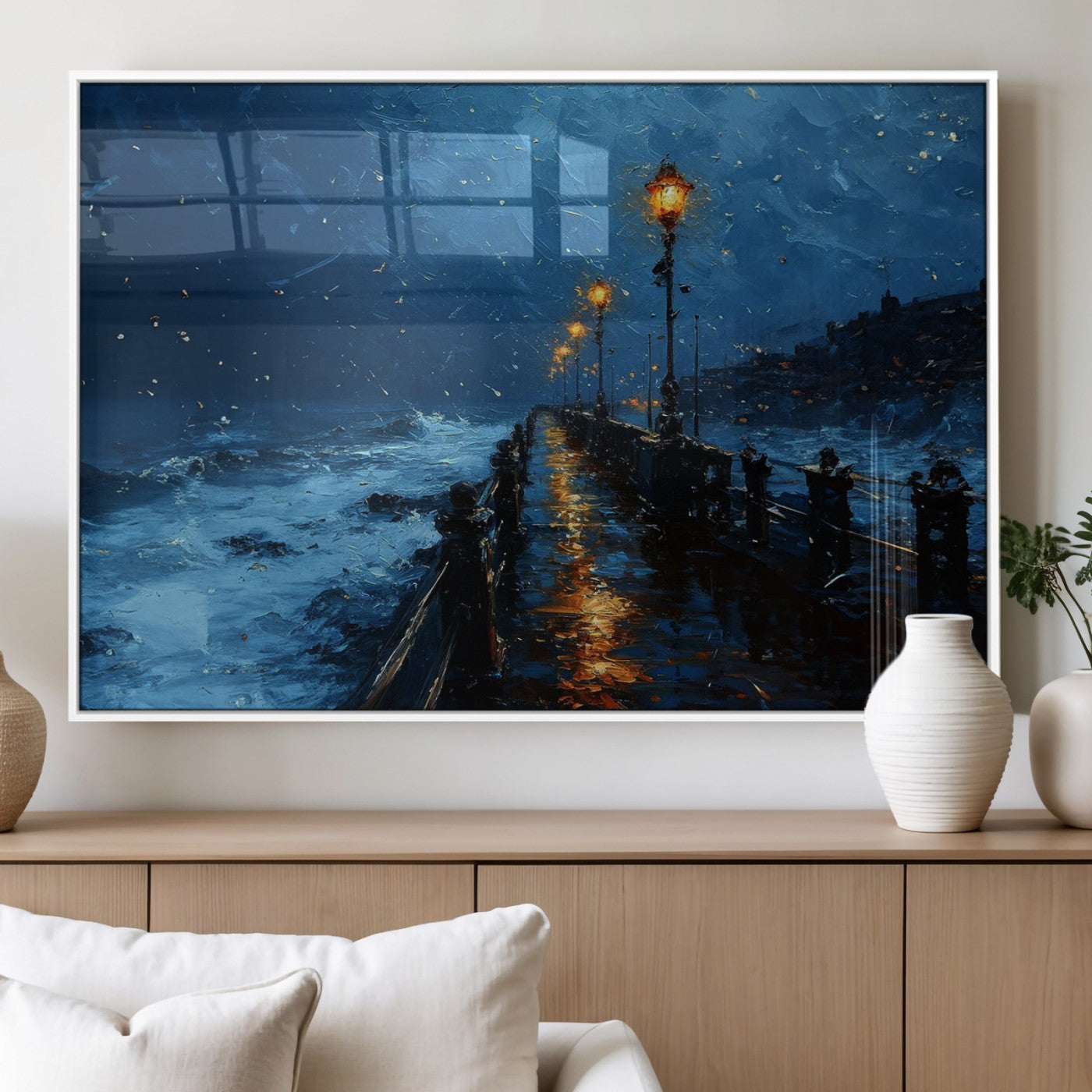 "Impressionistic painting of a rainy pier at night with glowing street lamps reflecting on the wet surface, ocean waves crashing under a dark blue sky."