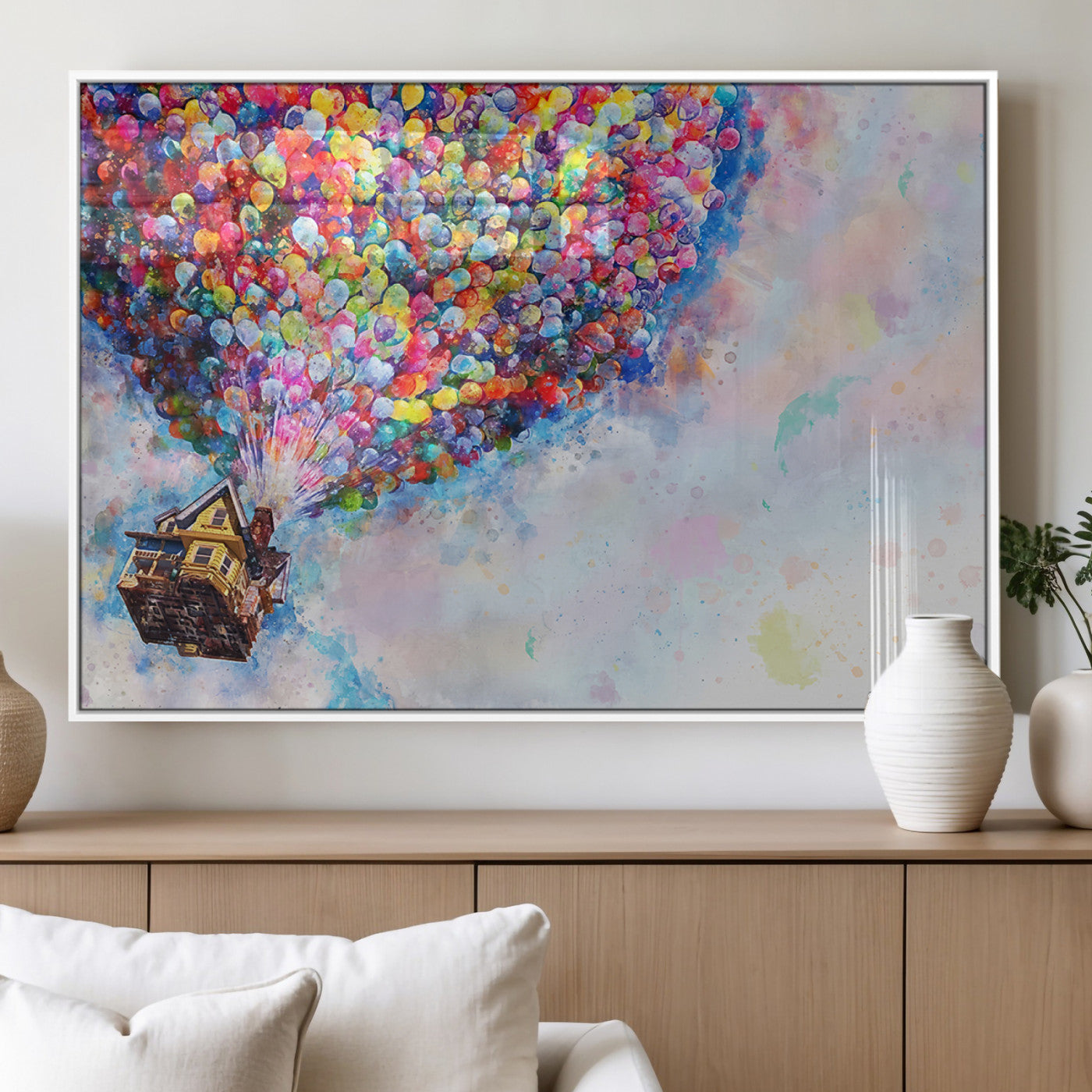 Whimsical canvas of the house from the movie Up flying with colorful balloons, ideal for Pixar or animation-themed decor.