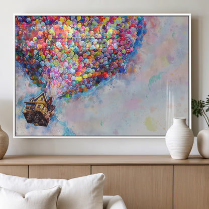 Whimsical canvas of the house from the movie Up flying with colorful balloons, ideal for Pixar or animation-themed decor.