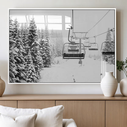 Black and white canvas of empty ski lifts over a snowy pine forest, perfect for minimal winter or ski lodge-inspired decor.
