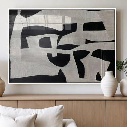 Minimalist black and white canvas featuring bold abstract textures and geometric shapes, ideal for modern neutral decor.
