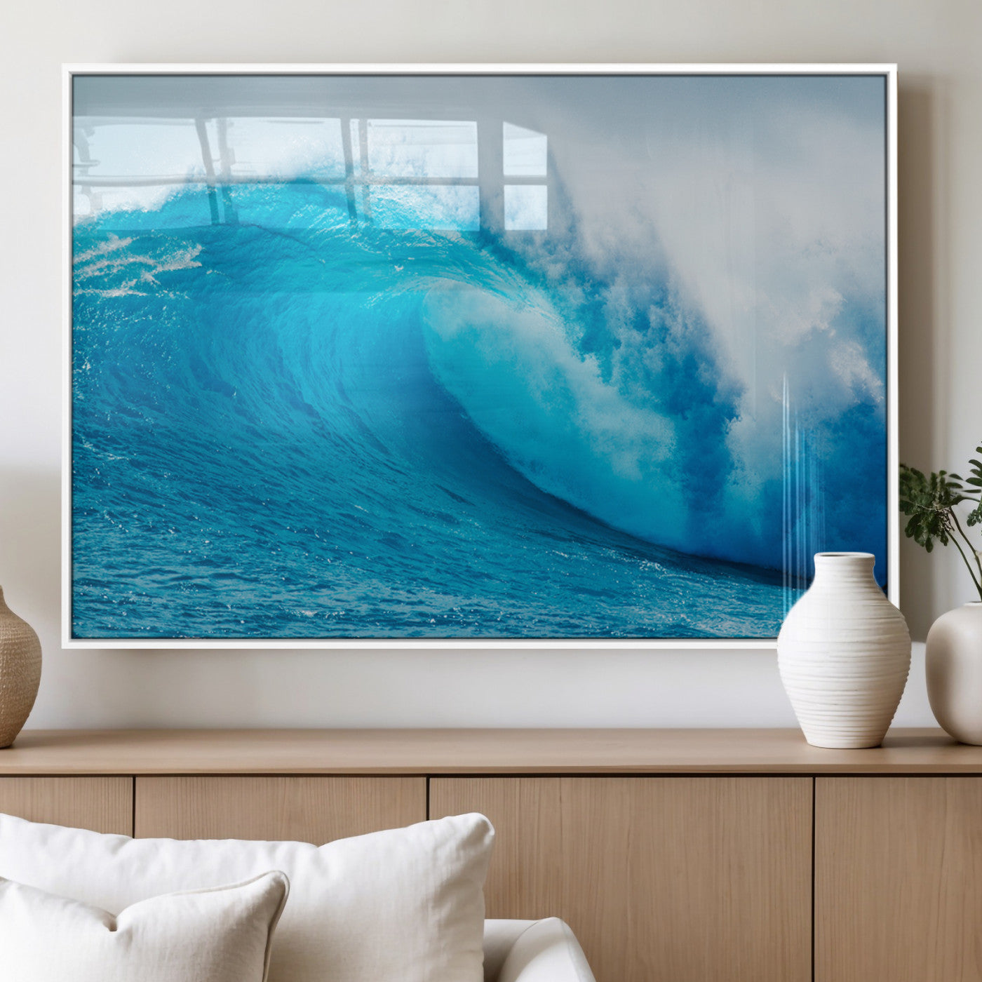 Vibrant canvas of a powerful curling ocean wave in tropical blue tones, perfect for coastal or surf-inspired decor settings.