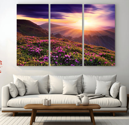 -Mountain Sunrise Wall Art – Vibrant Floral Landscape Canvas Print, Nature Home Decor for Living Room, Bedroom Office or Cabin