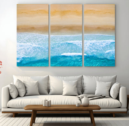 -Aerial Beach Wall Art – Serene Ocean Waves & Sandy Shore Canvas Print, Coastal Home Decor for Living Room, Bedroom or Office