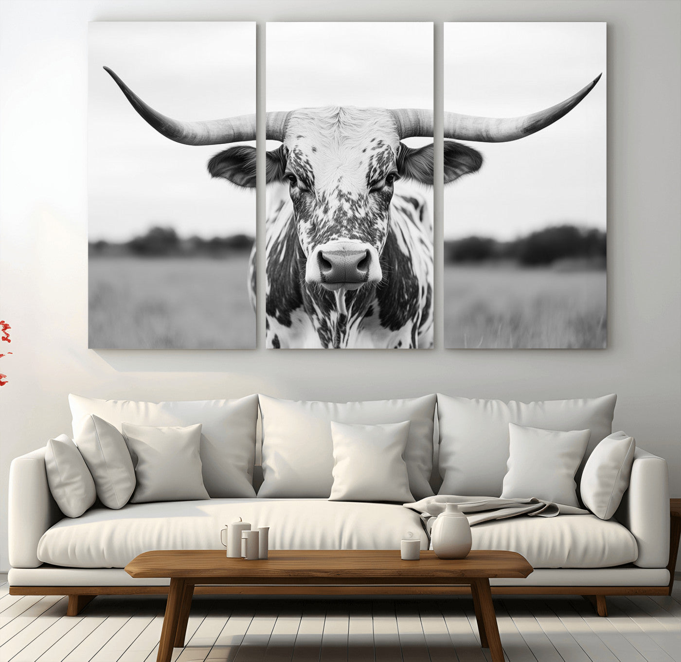 Capture the strength and elegance of nature with this striking black and white portrait of a longhorn cow. Its powerful presence makes a bold statement in any room.