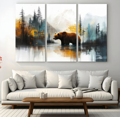 A majestic bear stands by the serene waters of a misty forest, surrounded by towering trees and distant mountains, evoking the raw beauty and wild spirit of nature.