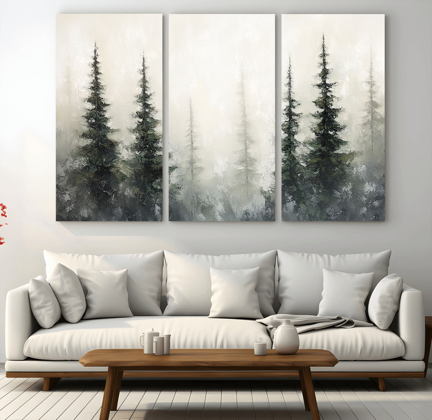 Soft and misty pine forest painting in neutral earthy tones, ideal for calm woodland or minimalist rustic home decor.