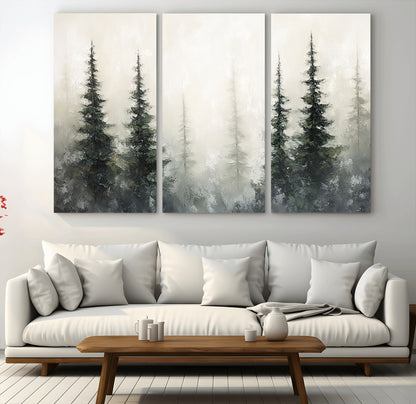Soft and misty pine forest painting in neutral earthy tones, ideal for calm woodland or minimalist rustic home decor.