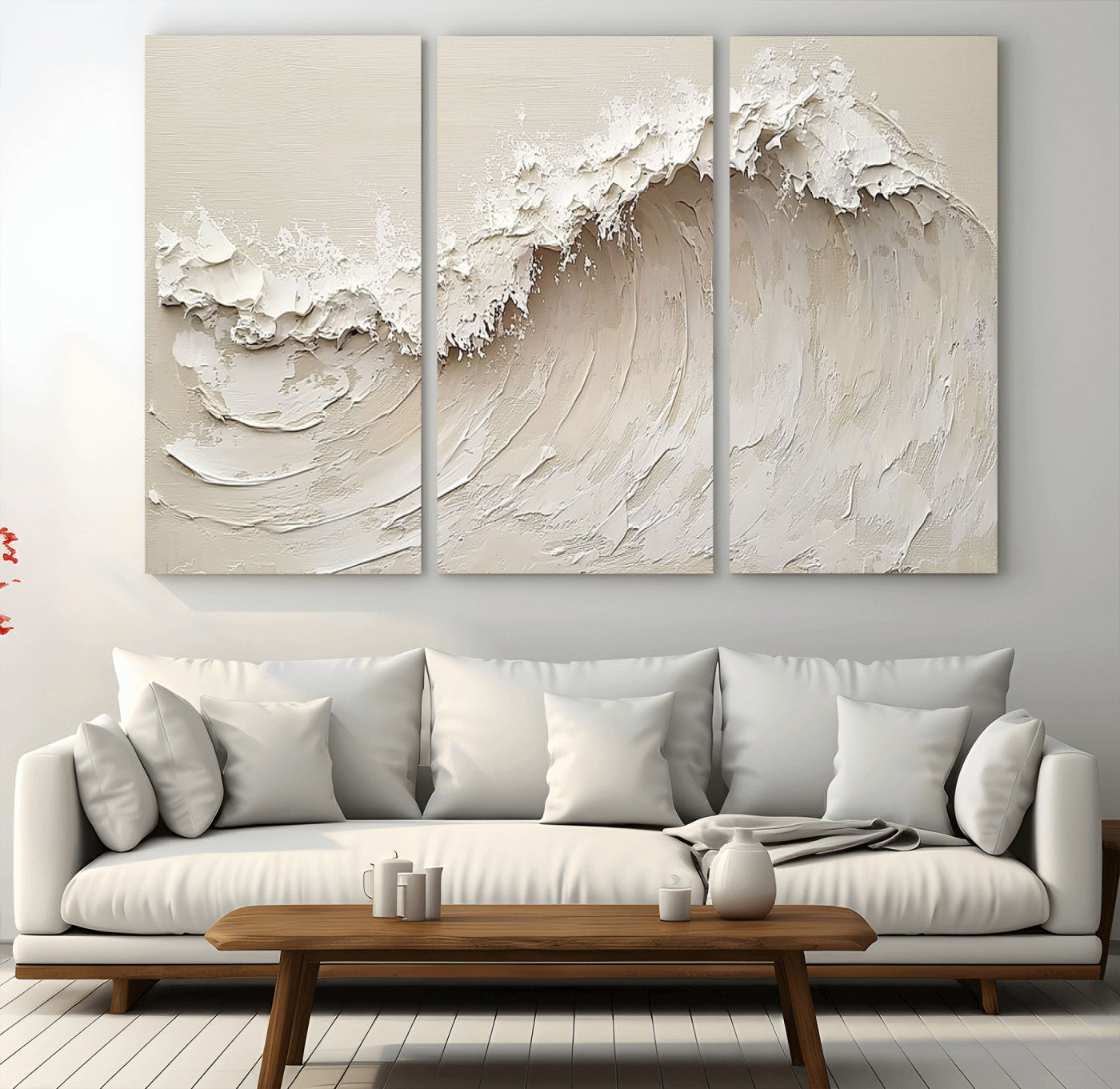 Textured canvas of an abstract white ocean wave in neutral tones, ideal for modern coastal or minimalist home decor.