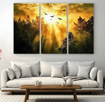 Canvas of a golden forest at sunset with birds flying through glowing sunbeams and silhouetted pine trees, ideal for warm-toned rustic decor.