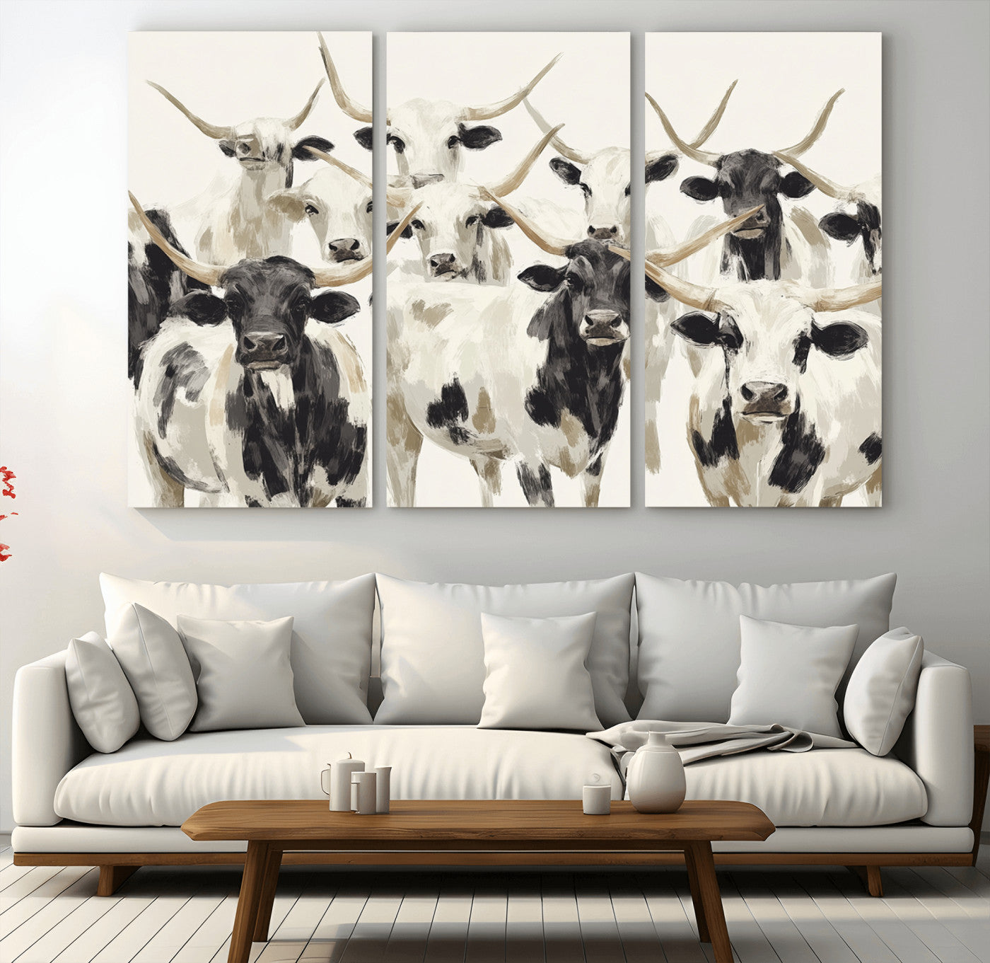 Canvas of a Texas Longhorn cattle herd in neutral black and white tones, ideal for rustic farmhouse or western-themed decor.