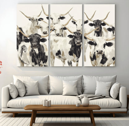 Canvas of a Texas Longhorn cattle herd in neutral black and white tones, ideal for rustic farmhouse or western-themed decor.