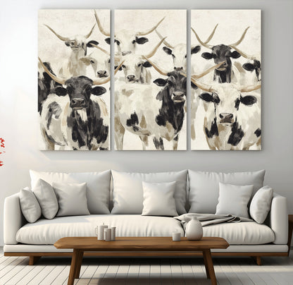 Canvas of a Texas Longhorn cattle herd in neutral black and white tones, ideal for rustic farmhouse or western-themed decor.