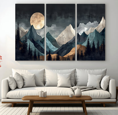 Stylized canvas of layered mountains under a full moon in neutral moody tones, ideal for nature-inspired or modern rustic interiors.