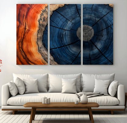 A captivating close-up of a tree trunk, showcasing its concentric rings in rich shades of blue, orange, and brown, highlighting the organic patterns of natural wood.
