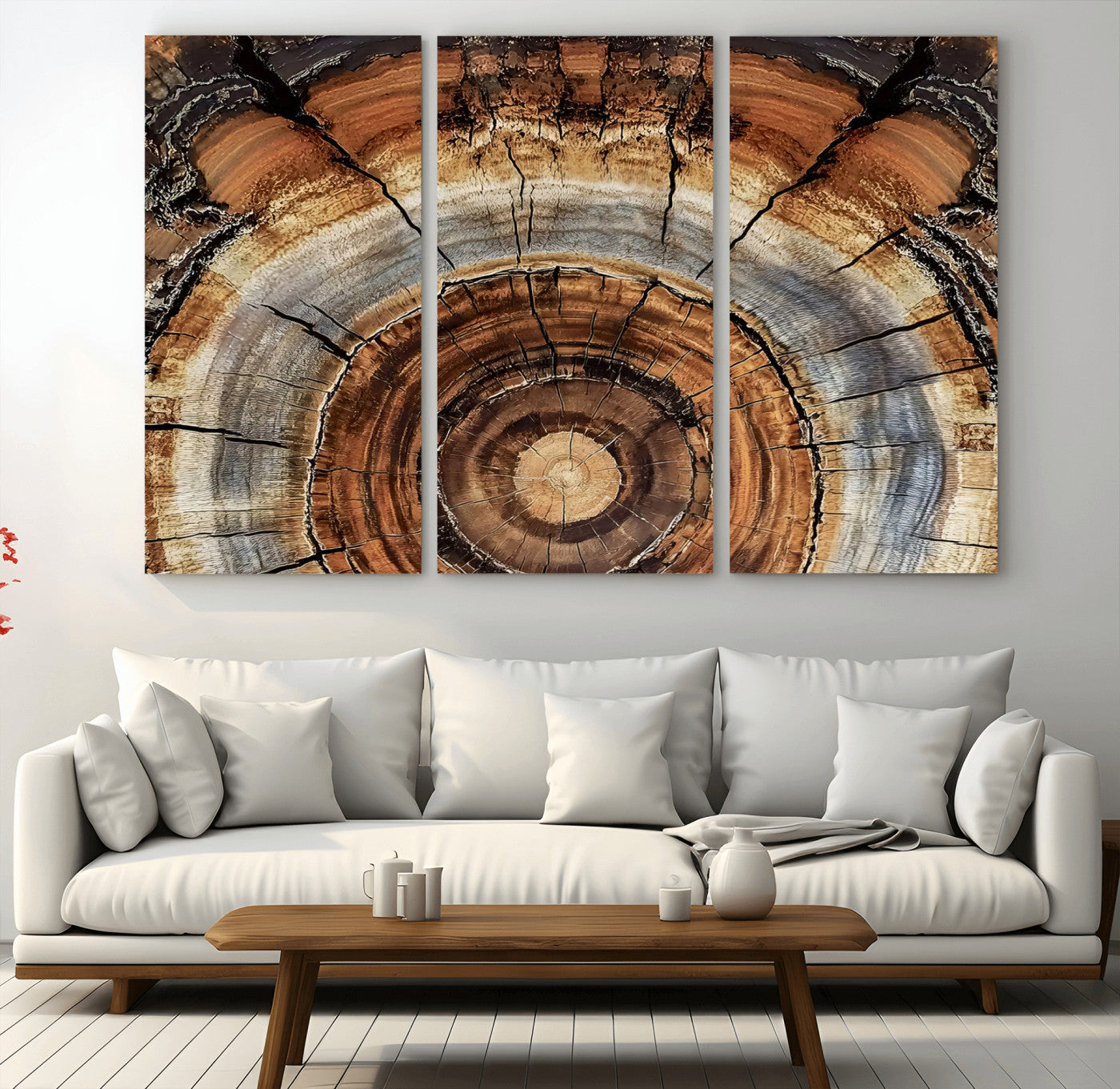 Canvas of tree rings and natural wood grain in earthy tones, ideal for rustic or vintage-inspired home decor with organic textures.