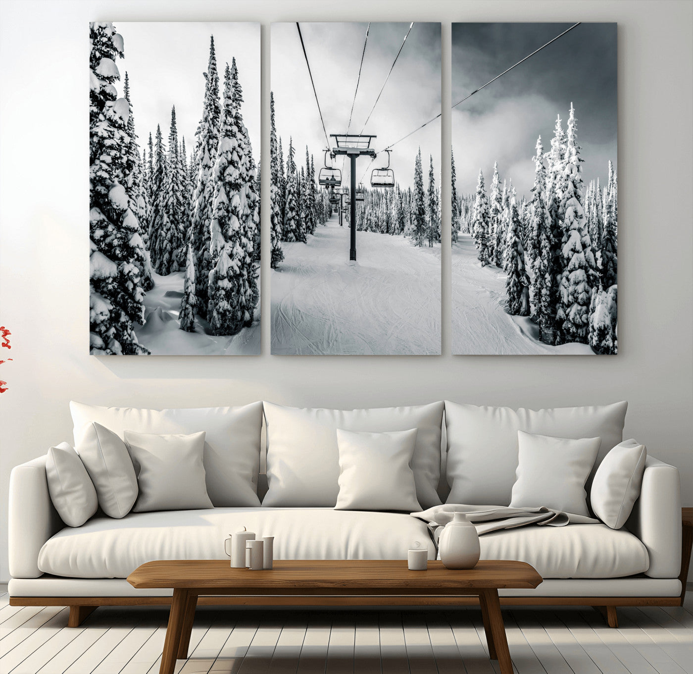 Canvas of a snowy ski lift scene through a forest of tall pine trees, ideal for moody winter or alpine-themed home decor.