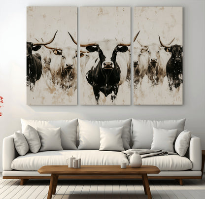 Illustrated herd of longhorn cattle in black and white tones with a neutral textured background, perfect for rustic or farmhouse-style decor.