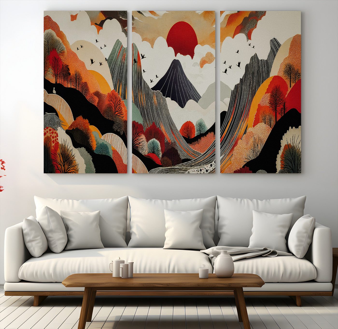 Abstract Mountain Wall Art Canvas Print, Vibrant Landscape Print, Framed Stylized Nature Drawing Art Print, Large Sunset Mountains Printing Perfect for Contemporary Minimalist Decor