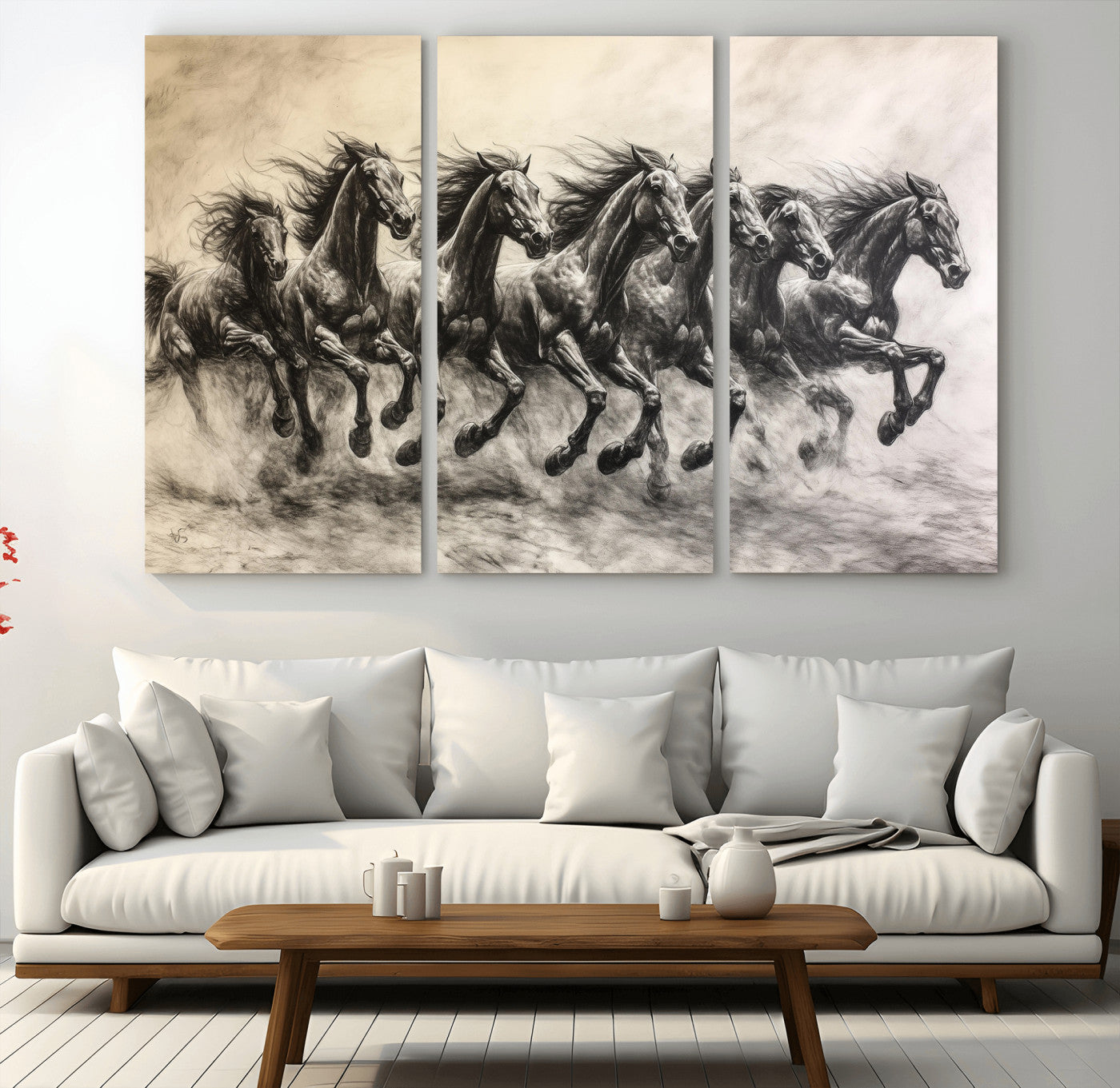 Monochrome drawing of a herd of galloping horses, perfect for dynamic and wild-themed decor in any equestrian or nature-inspired room.