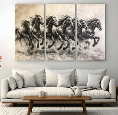 Monochrome drawing of a herd of galloping horses, perfect for dynamic and wild-themed decor in any equestrian or nature-inspired room.