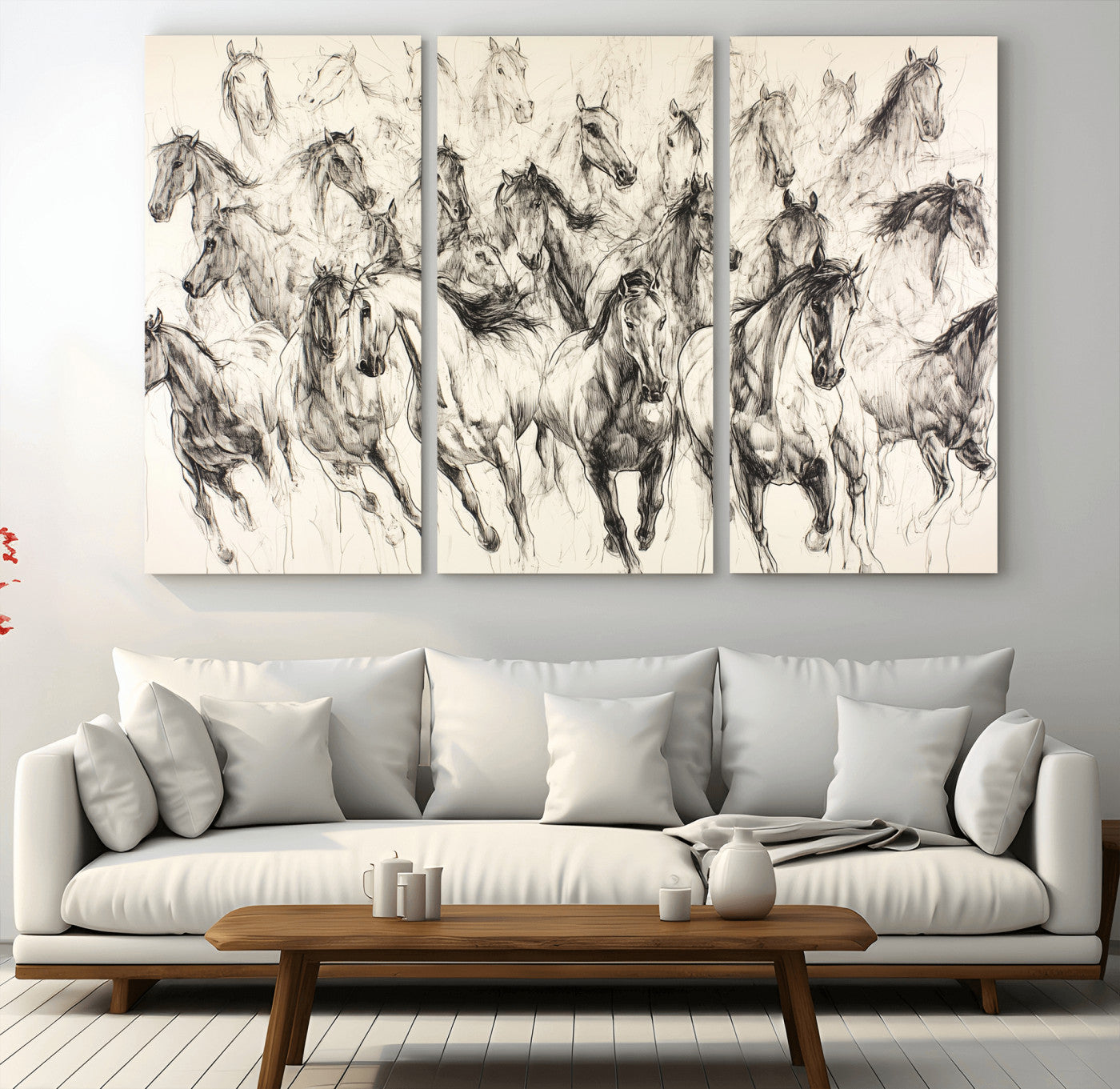 Monochrome ink sketch of galloping horses in dynamic motion, perfect for western or equine-themed wall decor with bold artistic energy.