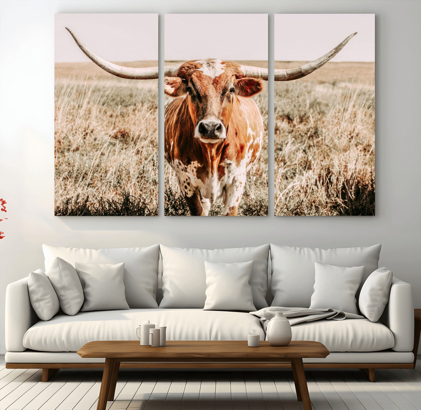 Framed longhorn cow canvas wall art with rustic prairie background, western animal print perfect for farmhouse or ranch style decor