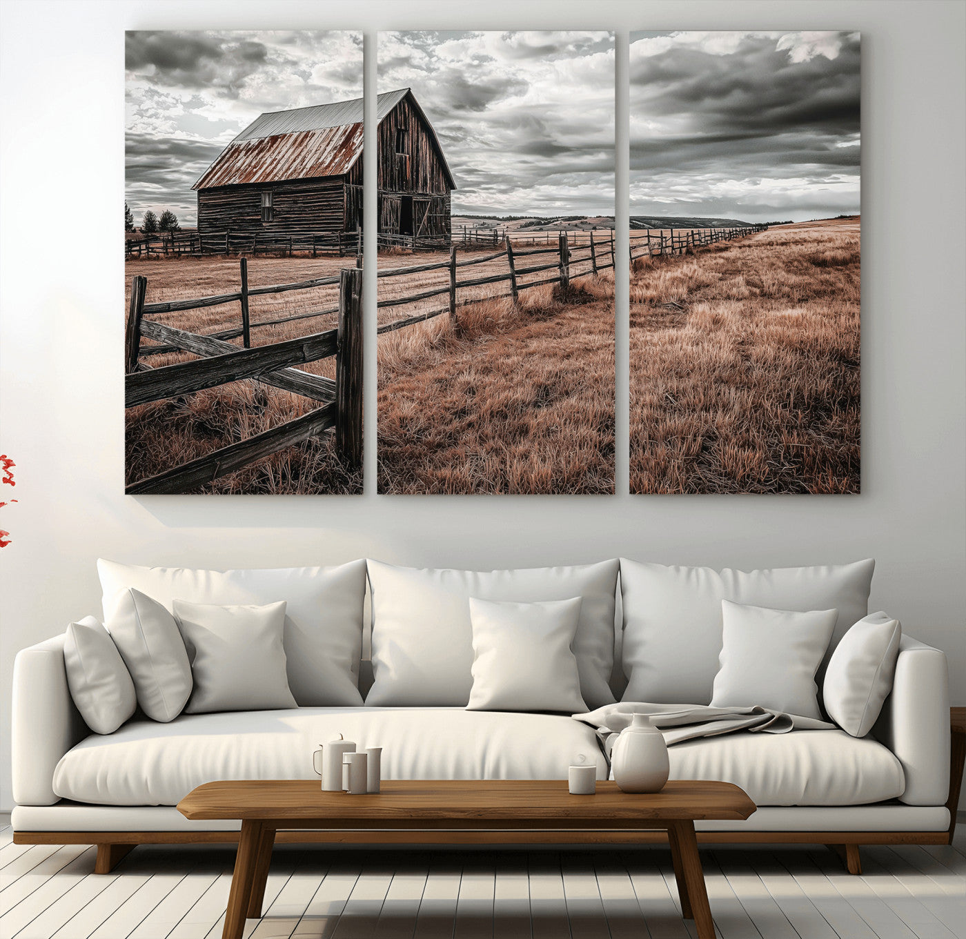 Framed canvas of a rustic barn under a moody sky with weathered fence and dark fields, ideal for farmhouse or rural-style wall decor.