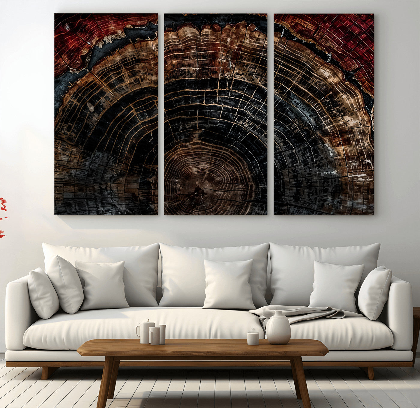 Dark Wood Wall Art Print - Petrified Tree Canvas Print, featuring an intricate tree ring pattern with deep earthy tones and organic textures, perfect for rustic and nature-inspired decor.