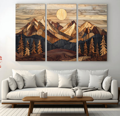Mountain Landscape Wall Art Print - Sunset Hills Canvas Print, featuring an abstract nature scene with earthy tones and misty peaks, perfect for boho and modern decor.