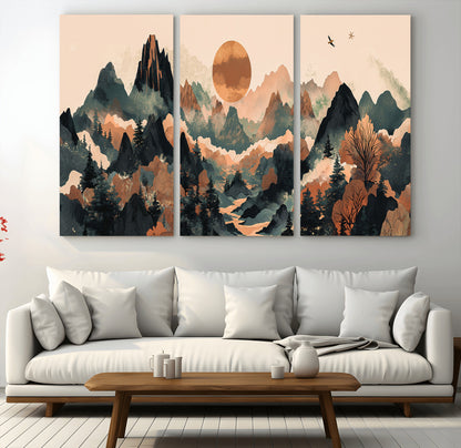 Mountain Landscape Wall Art Print - Sunset Hills Canvas Print, featuring an abstract nature scene with earthy tones and misty peaks, perfect for boho and modern decor.