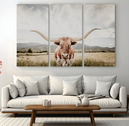 Longhorn Wall Art Print - Western Cow Canvas Print, featuring a majestic Texas longhorn in a rustic prairie setting, perfect for farmhouse and western decor.