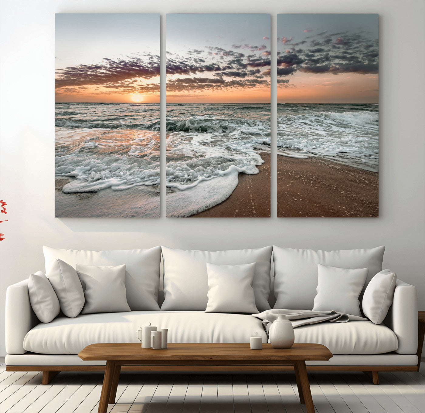Ocean Sunset Wall Art Print - Beach Waves Canvas Print, featuring a serene seascape with golden sunlight reflecting on gentle waves, perfect for coastal and minimalist decor.