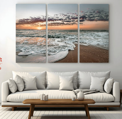 Ocean Sunset Wall Art Print - Beach Waves Canvas Print, featuring a serene seascape with golden sunlight reflecting on gentle waves, perfect for coastal and minimalist decor.