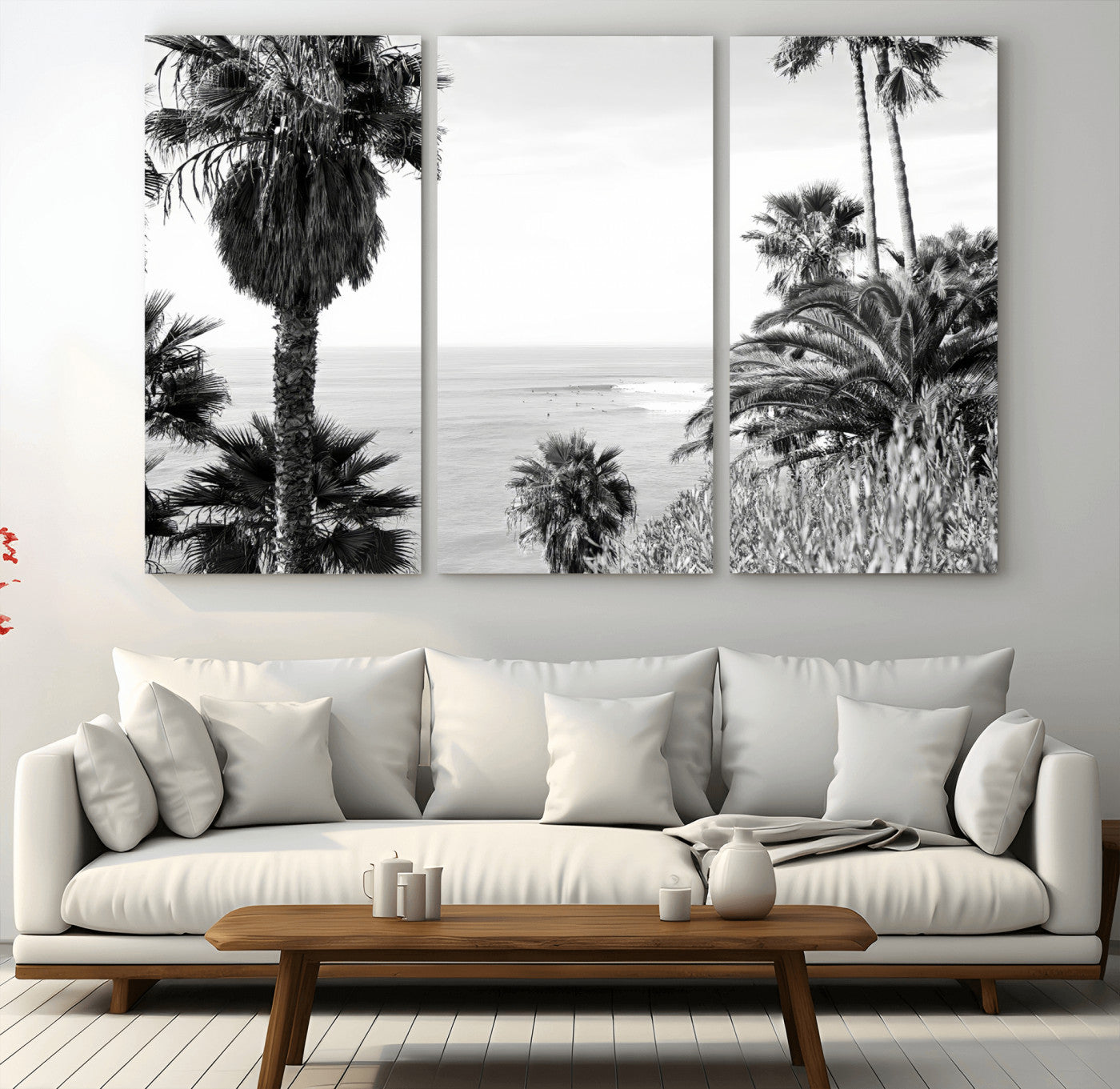 Monochrome canvas of palm trees framing a coastal surf scene, perfect for California-inspired or retro black-and-white beach decor.