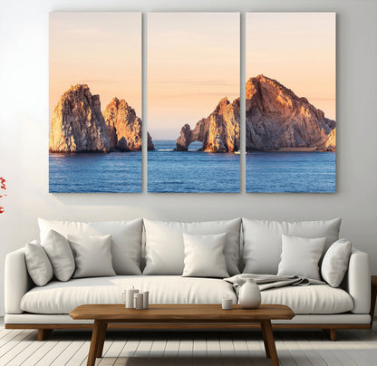 Framed canvas of El Arco rock formation in Cabo San Lucas at golden hour, ideal for coastal landmark or ocean-inspired decor.