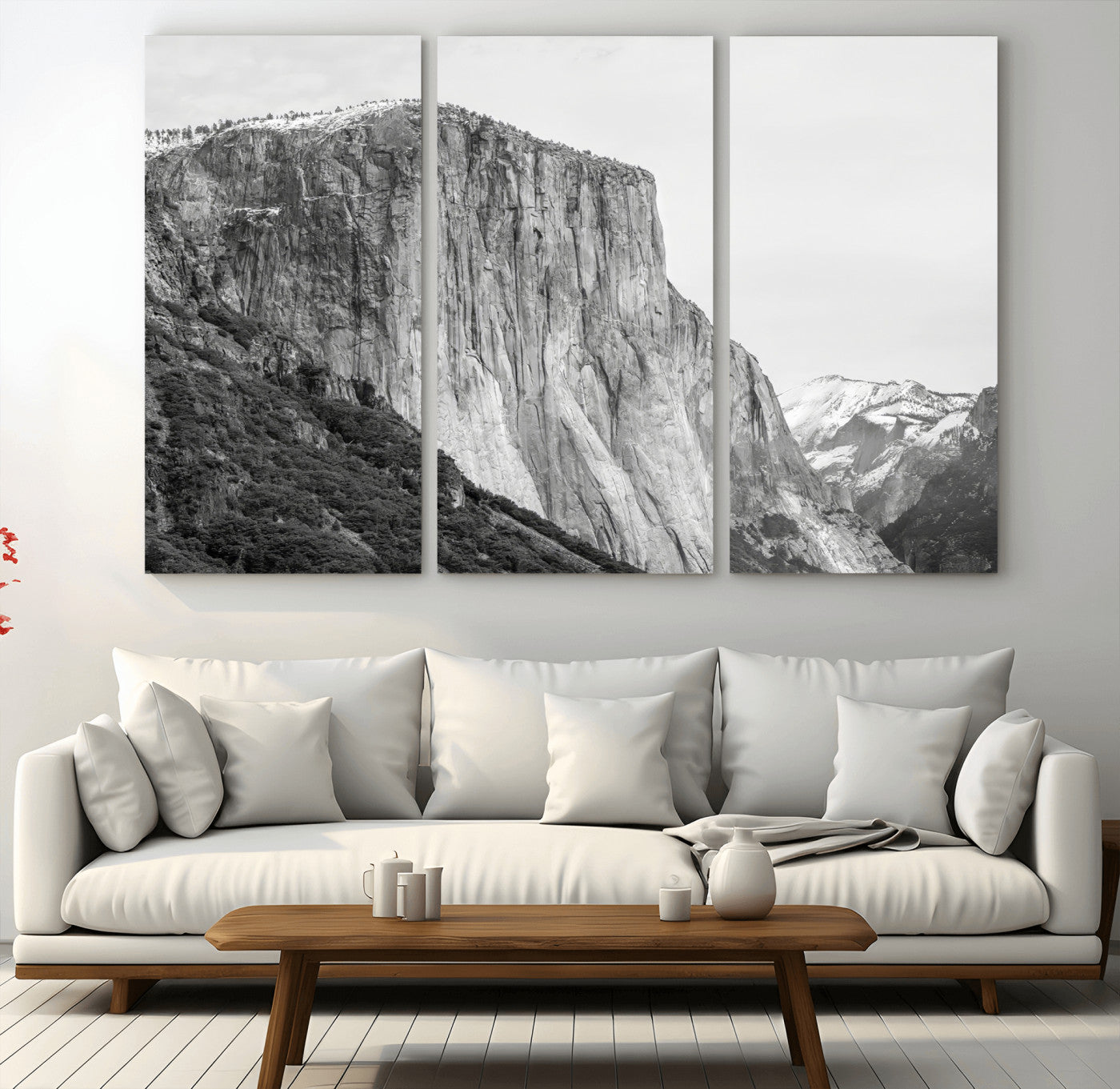 Monochrome canvas of El Capitan’s granite wall in Yosemite with snowy peaks, ideal for dramatic mountain or black-and-white nature decor.