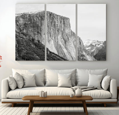 Monochrome canvas of El Capitan’s granite wall in Yosemite with snowy peaks, ideal for dramatic mountain or black-and-white nature decor.