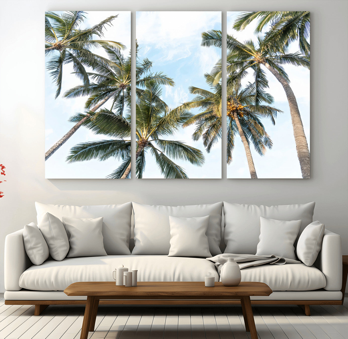 Framed canvas of tall palm trees reaching into a tropical sky, ideal for beach home or relaxed island-inspired wall decor.