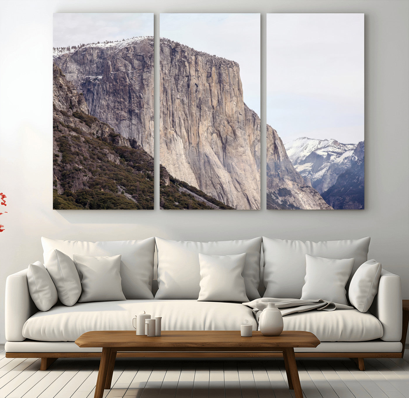 Framed canvas of El Capitan’s vertical granite face in Yosemite with snowy peaks, ideal for Sierra minimalism or mountain-inspired decor.